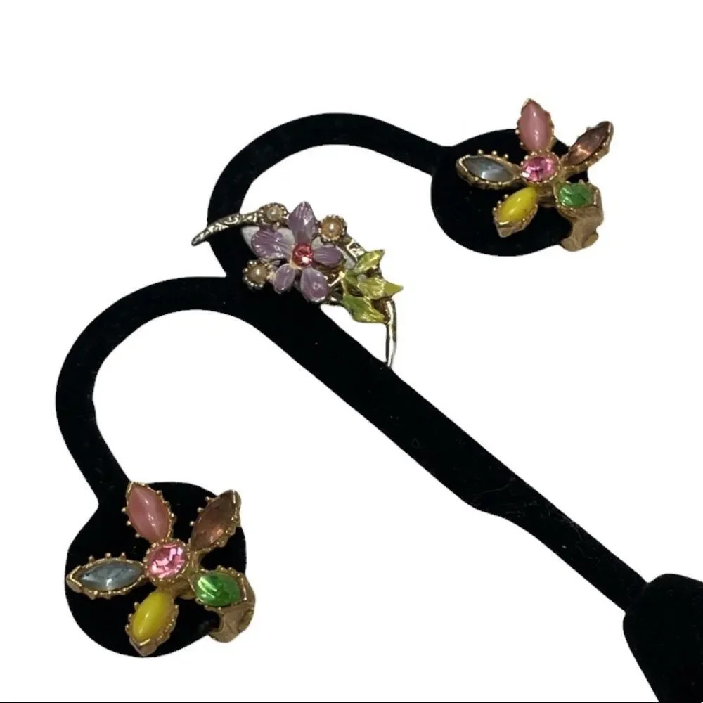 Vintage Multi Color Flower Rhinestone Earrings And Brooch - Picture 2 of 16